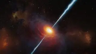 Wizja artystyczna pokazuje jak mogą wyglądać odległy kwazar P172+18 i jego radiowe dżety (ESO/M. Kornmesser)