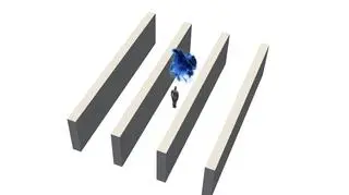 Wizualizacja 3D kaszlącej osoby, która przemieszcza się między półkami sklepowymi (Petteri Peltonen/Aalto University)