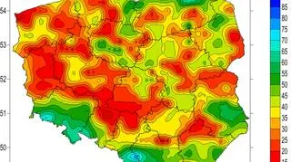 Wskaźnik wilgotności gleby 14 sierpnia, warstwa 0-7 centymetrów (IMGW)