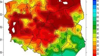 Wskaźnik wilgotności gleby na głębokości 0-7 cm w dniu 13.02.2021 na podstawie obrazów satelitarnych. W okresie zimowym wartości zbliżone do zera (kolor biały i czerwony) oznaczają przemarznięcie gleby (IMGW-PiB)