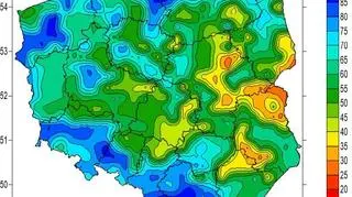 Wskaźnik wilgotności gleby na głębokości 0-7 cm w dniu 13.04.2021 na podstawie obrazów satelitarnych (IMGW-PiB)