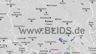 Wyładowania atmosferyczne na terenie Polski w godz. 18.45 - 20.45 (blids.de)