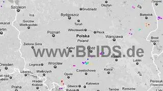 Wyładowania atmosferyczne w Polsce w godz. 18.45-21.45 (blids.de)
