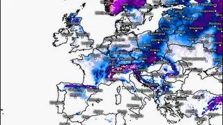Wysokość pokrywy śnieżnej prognozowana na piątkowe popołudnie (ECMWF)