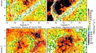 Zagęszczenie wyładowań atmosferycznych w ciągu dnia i  w nocy nad jeziorem Maracaibo (na górze) i nad Jeziorem Wiktorii (na dole)