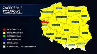 Zagrożenie pożarowe lasów. Prognoza z dnia 9 kwietnia (tvnmeteo.pl za IBL)