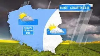 Zasięg burz prognozowany na czwartek 5.06