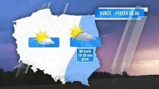 Zasięg burz prognozowany na piątek 6.06
