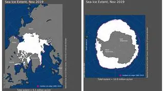 Zasięg pokrywy lodowej w listopadzie 2019 (NOAA)