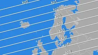 Zasięg występowania zorzy polarnej w skali KP