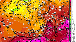 Zatoka chłodu we wtorek, temperatura na wysokości 1,5 km, model GFS/wetter3.de