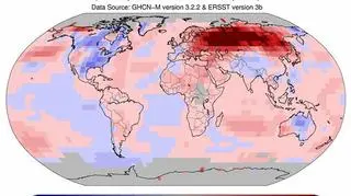 Zaznaczenie anomalii temperatur na mapie świata. Od najniższej do najwyższej wartości temperatury