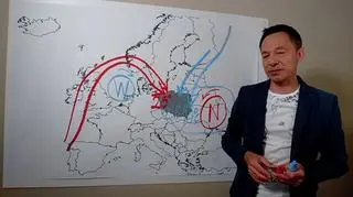 Zaznaczone na mapie dwa ośrodki ciśnienia nad Europą