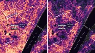 Zdjęcia satelitarne dystryktu Jianghan położonego w Wuhanie 19 stycznia i 4 lutego (NASA Earth Observatory)