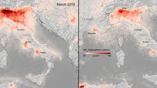 Zdjęcia satelitarne jakości powietrza nad Milanem z marca 2019 roku i z okresu 14-25 marca 2020 roku (ESA)