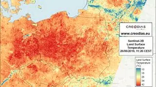 Zdjęcia satelitarne temperatury powierzchni gruntu 26 czerwca 2019 roku (CREODIAS/CloudFerro)