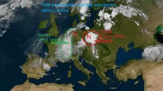 Zdjęcie z 14 lipca pokazujące położenie frontu okluzji wzdłuż zachodniej granicy Niemiec (Eumetsat)