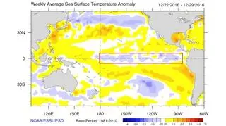 Zjawisko La Nina (niebieski obszar prezentuje niższą od średniej temperaturę wody Pacyfiku w grudniu 2016)