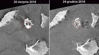 Zmiany kształtu wulkanu Krakatau przed i po erupcji (GSI)