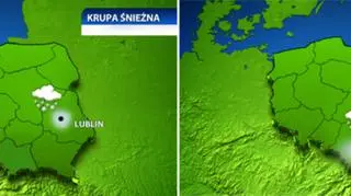 Na biało zaznaczone są miejsca, gdzie możliwe są opady śniegu w sobotę