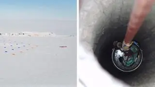 Okolice stacji na Biegunie Polarnym i IceCube Lab ze schematem sieci detektorów