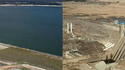 Jezioro Folsom, największy zbiornik wody stanu Kalifornia. Poziom wód: w lipcu 2011 r. (po lewej), w styczniu 2014 r. (po prawej)