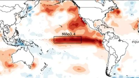 Odchylenie od średniej temperatury Pacyfiku w okresie od 11 października do 7 listopada