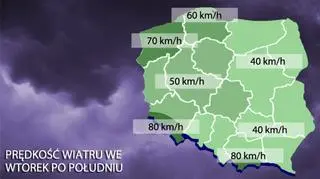 Prędkość wiatru we wtorek po południu