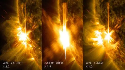 Trzy sfotografowane przez NASA wybuchy radiowe na Słońcu w dn. 10-11.06.2014 r.