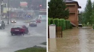 Na lewym zdjęciu: ulewa w Bartoszycach. Na prawym zdjęciu: zalany dom w Łużnej koło Gorlic