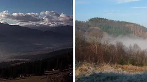 Oszronione pola i łąki oraz mgły nad Szczawnicą