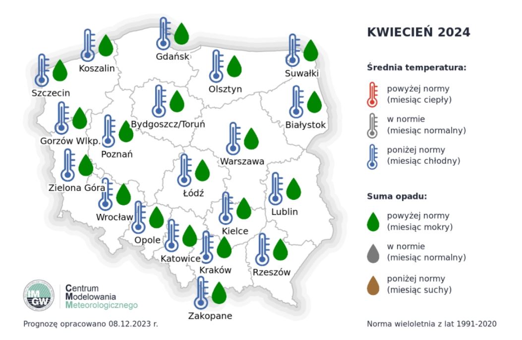 Prognoza średniej miesięcznej temperatury powietrza i miesięcznej sumy opadów atmosferycznych na kwiecień 2024 r. dla wybranych miast w Polsce