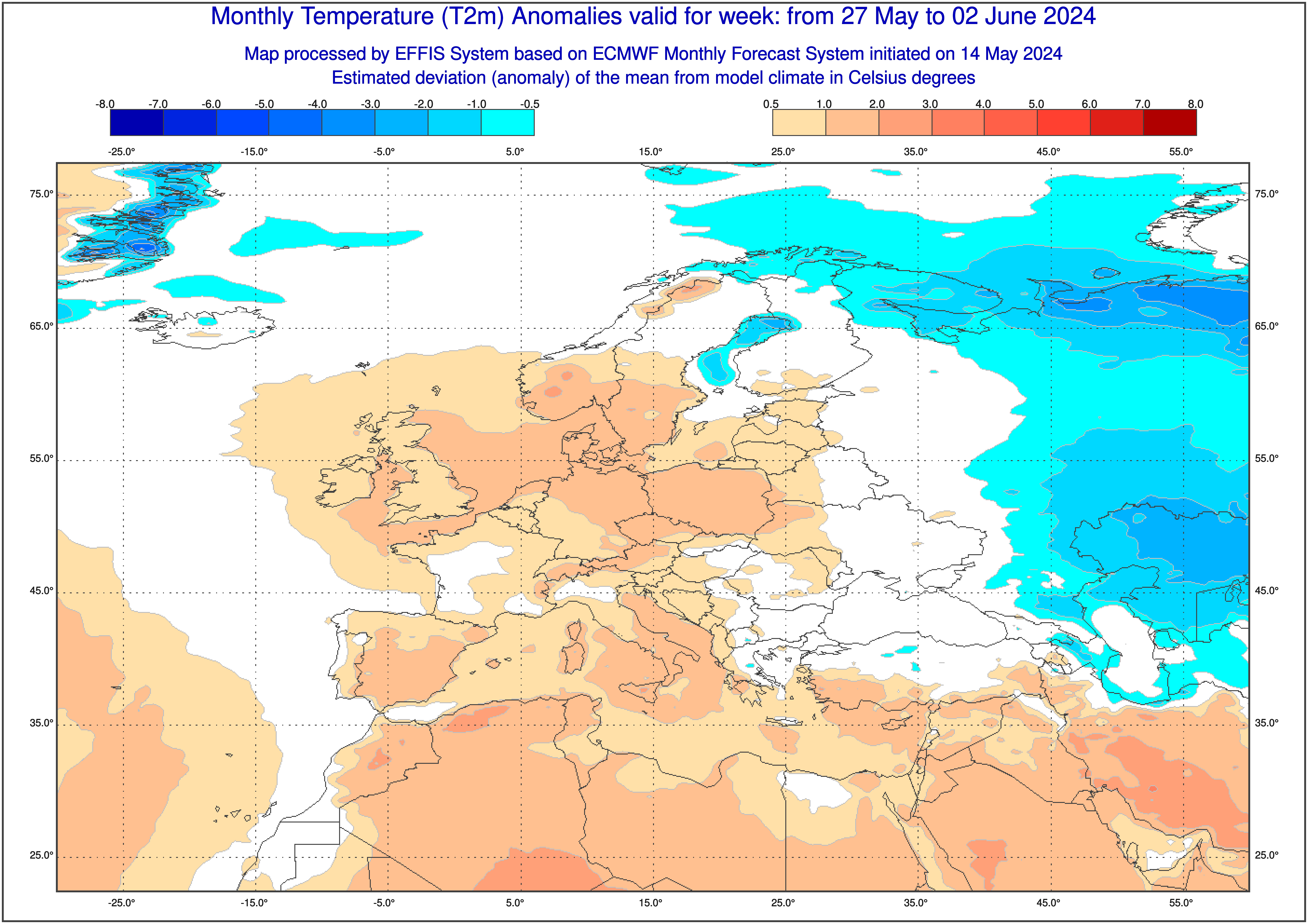 Prognoza odchylenia temperatury od normy od 27 maja do 2 czerwca