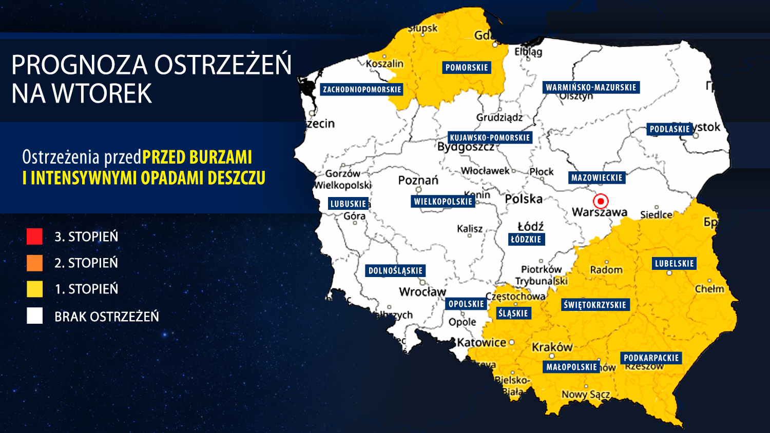 Prognoza ostrzeżeń meteorologicznych na wtorek