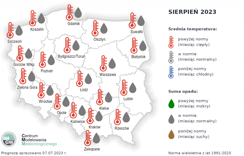Prognoza temperatury i sumy opadów na sierpień 2023