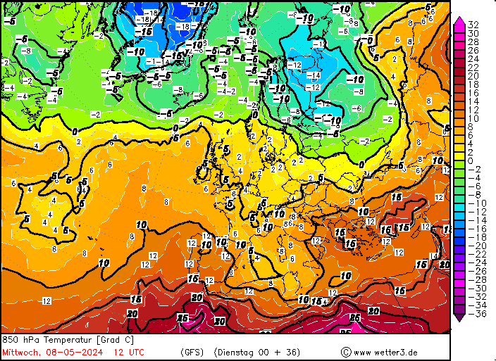 Zatoka chłodu nad północno-wschodnią Europą, temperatura na wysokości 1,5 km