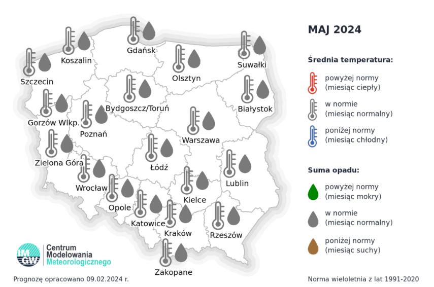 Prognoza średniej miesięcznej temperatury powietrza i miesięcznej sumy opadów atmosferycznych na maj 2024 r. dla wybranych miast w Polsce