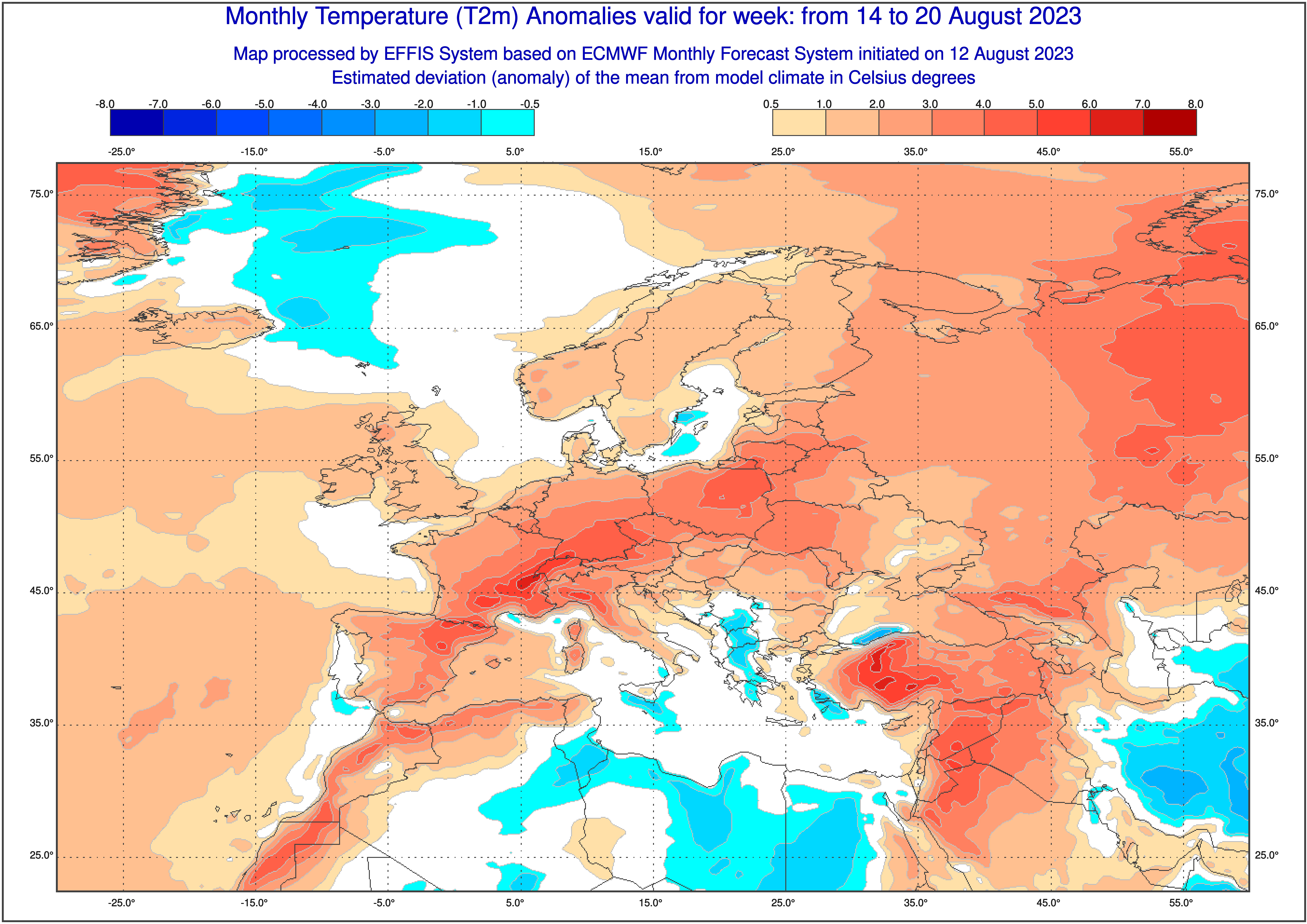 Prognoza odchylenia średniej temperatury na plus w dniach 14-20 sierpnia według ECMWF