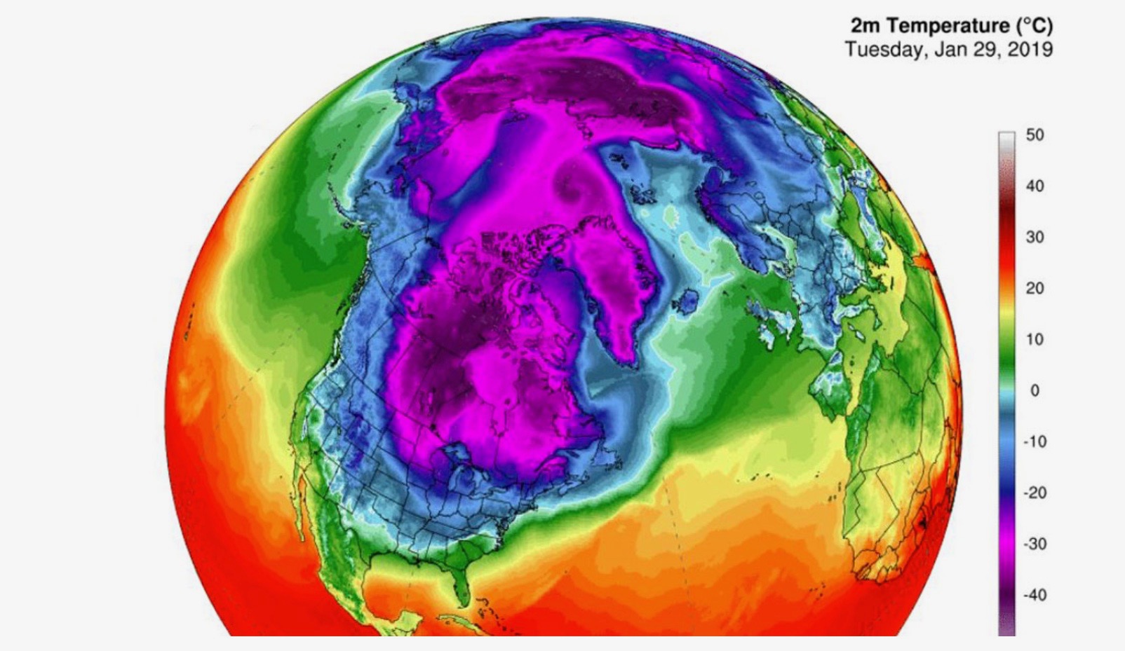 Zsunięcie się z północy w głąb Ameryki Północnej mrozu do -30/-40 stopni Celsjusza zimą 2019 roku. Skutki wiru polarnego 