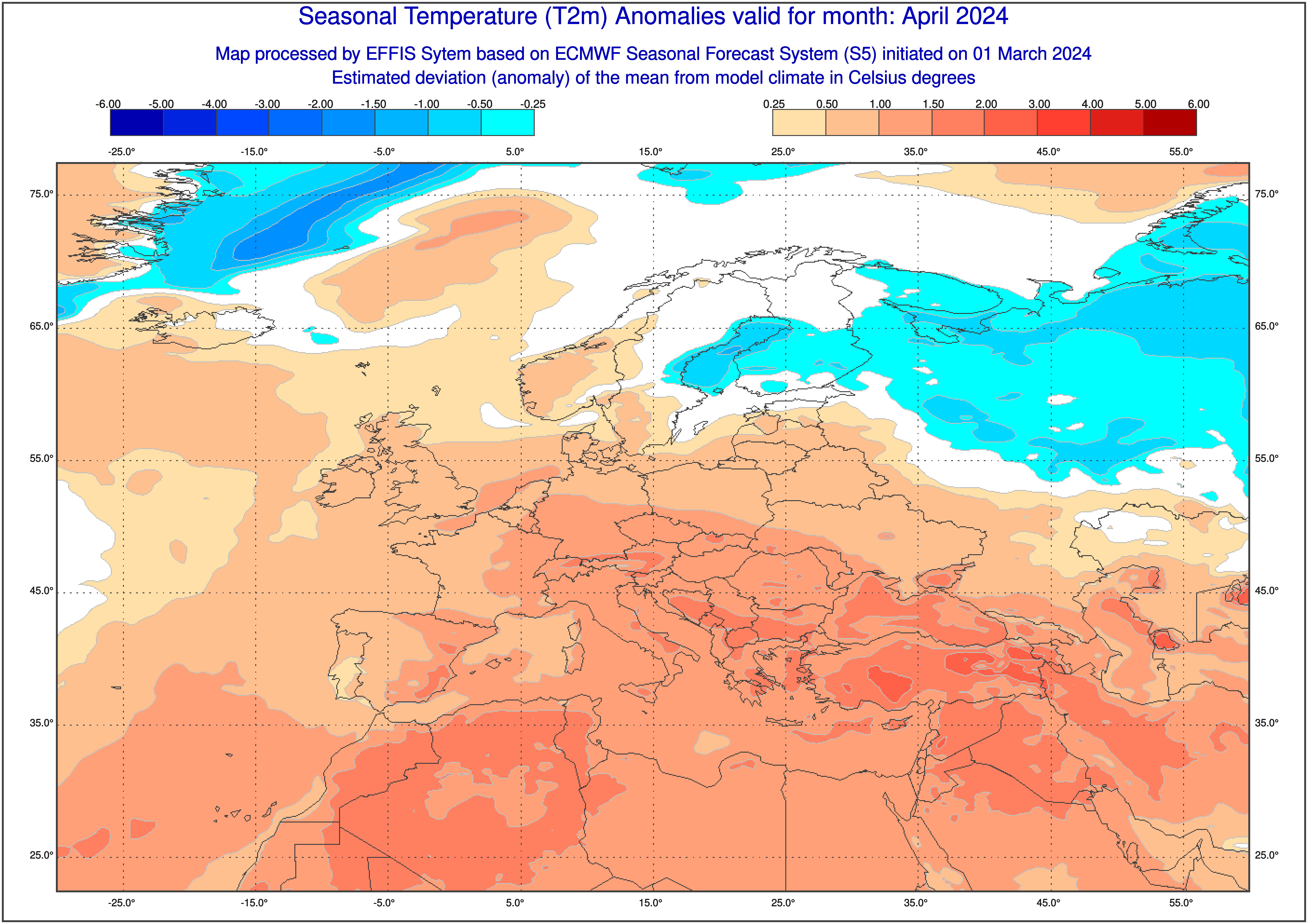 Prognoza odchylenia średniej temperatury miesięcznej w kwietniu wg ECMWF 