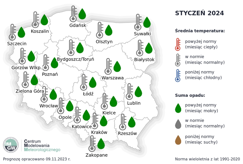 Prognoza średniej miesięcznej temperatury powietrza i miesięcznej sumy opadów atmosferycznych na styczeń 2024 r. dla wybranych miast w Polsce