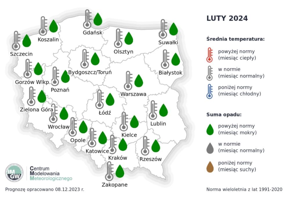 Prognoza średniej miesięcznej temperatury powietrza i miesięcznej sumy opadów atmosferycznych na luty 2024 r. dla wybranych miast w Polsce