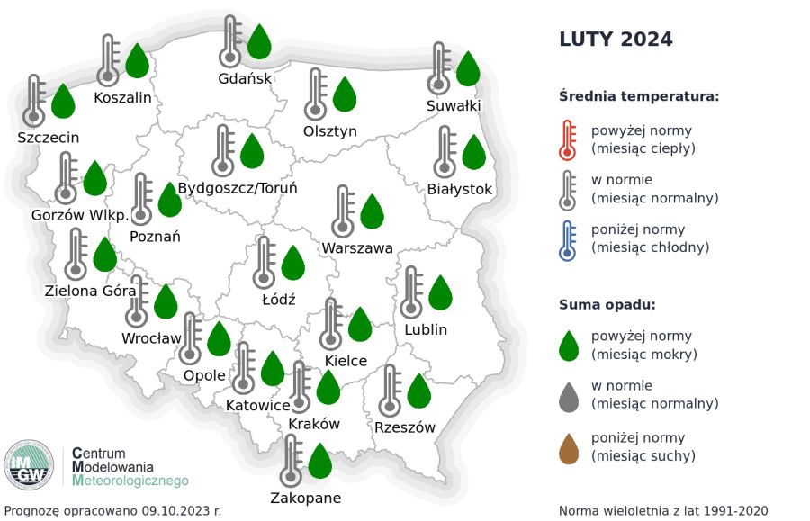 Prognoza średniej miesięcznej temperatury powietrza i miesięcznej sumy opadów atmosferycznych na luty 2024 r. dla wybranych miast w Polsce