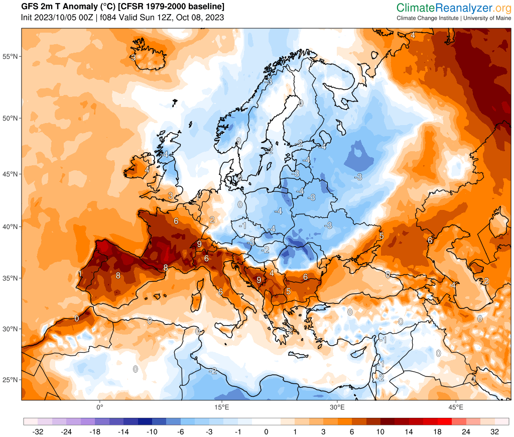 Odchylenia średniej temperatury od normy 8 października 