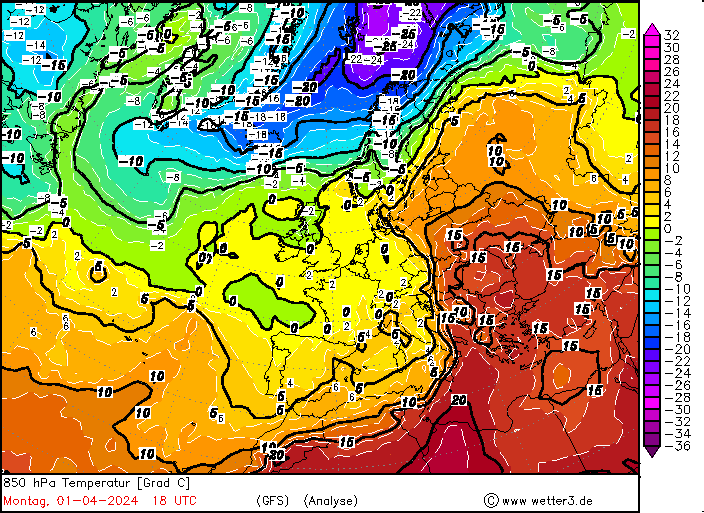 Analiza pola temperatury na wysokości 1,5 km w poniedziałek 1 kwietnia