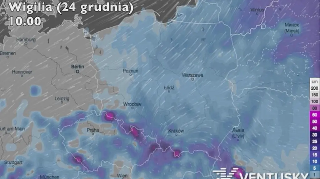 Grubość pokrywy śnieżnej w święta (źródło: Ventusky)