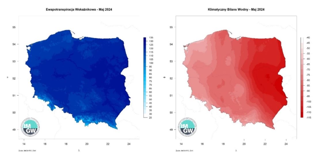 Przestrzenny rozkład sumy parowania potencjalnego (po lewej) oraz klimatycznego bilansu wodnego (po prawej) w maju 2024 r.