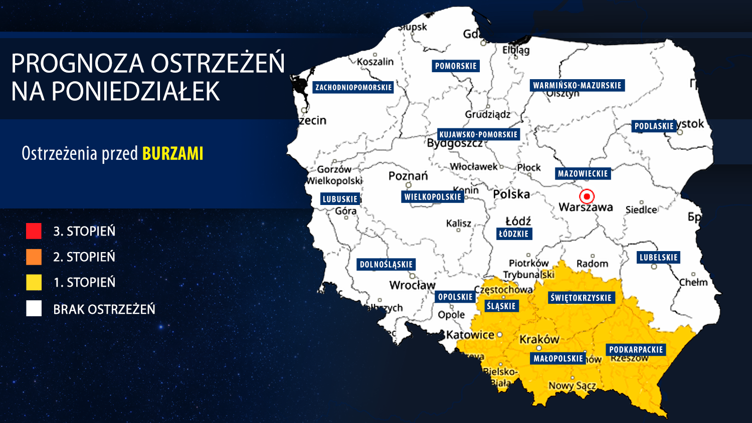 Prognoza zagrożeń meteorologicznych na poniedziałek
