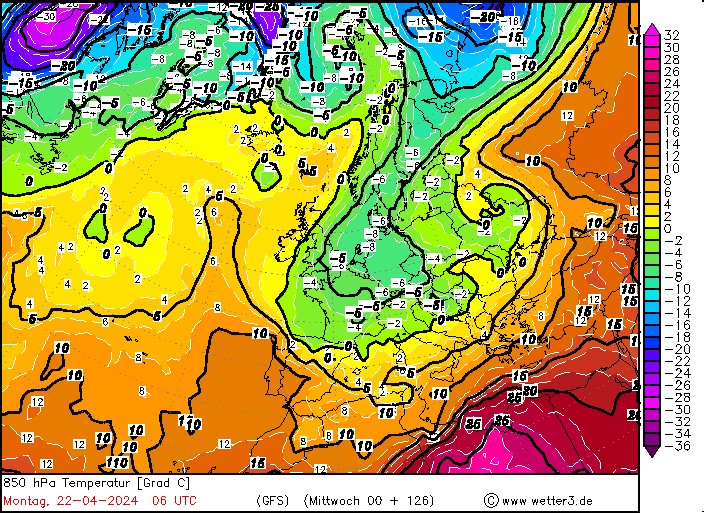 Prognozowany klin ciepła nad wschodnią Europą 22 kwietnia
