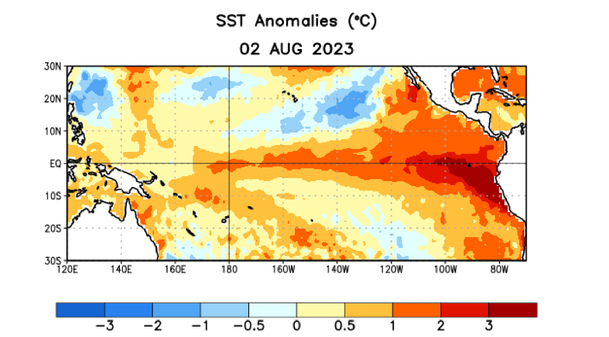 Anomalie temperatury powierzchni Pacyfiku w dniu 2 sierpnia 2023